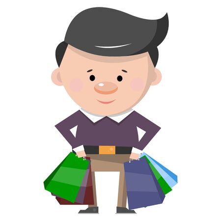 The man with the shopping bags. Husband brings gifts to his wife. Vector illustration isolated on white background.のイラスト素材