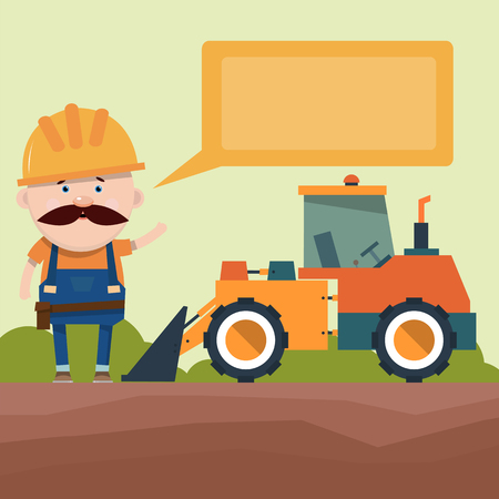 Presentation of construction equipment. The driver tells the loader with a bucket. Design of the brochure. Vector illustration in flat style.のイラスト素材