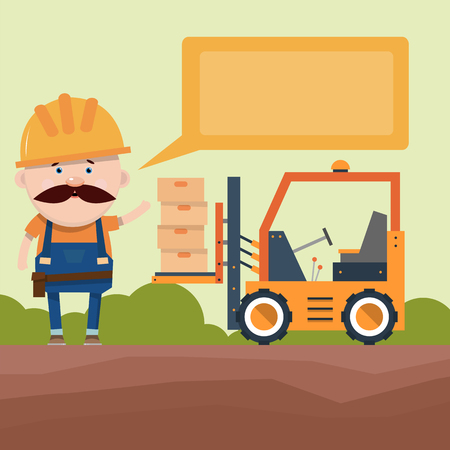 Presentation of construction equipment. The driver tells the loader with a bucket. Design of the brochure. Vector illustration in flat style.のイラスト素材
