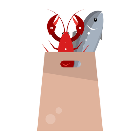 Seafood. Lobster and sea fish in the package. Vector illustration isolated on white background.のイラスト素材