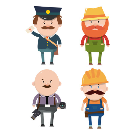 Set of occupations. The postman, a farmer, a photographer and a builder. Vector illustration in flat style isolated on white background.のイラスト素材