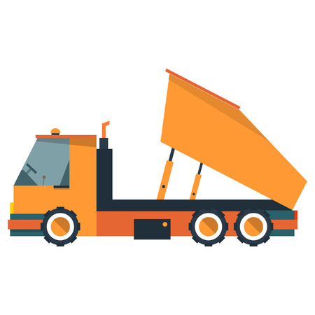 Truck is dump truck. Construction equipment in flat style. Vector illustration isolated on white background.のイラスト素材