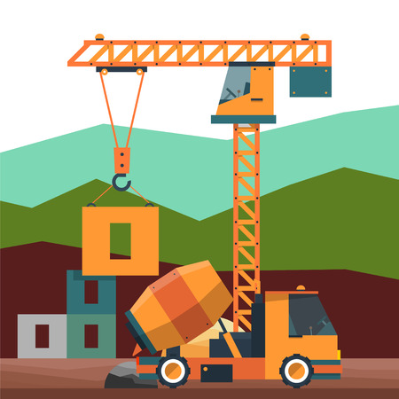 Construction site with crane and concrete mixer truck. Vector illustration in flat style.のイラスト素材