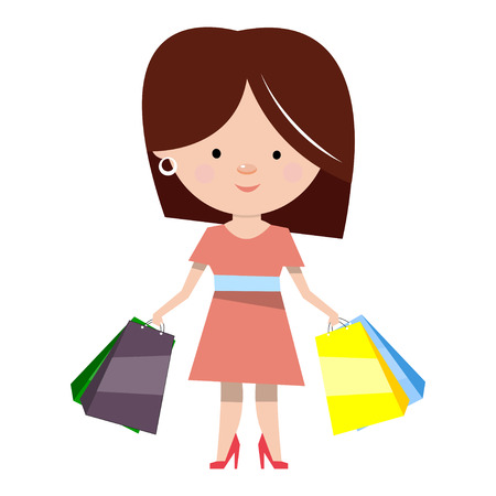 Woman with shopping. Cartoon character in flat style. Vector illustration isolated on white background.のイラスト素材