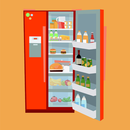 Red refrigerator c products in flat style. Set of food. Vector illustration.のイラスト素材