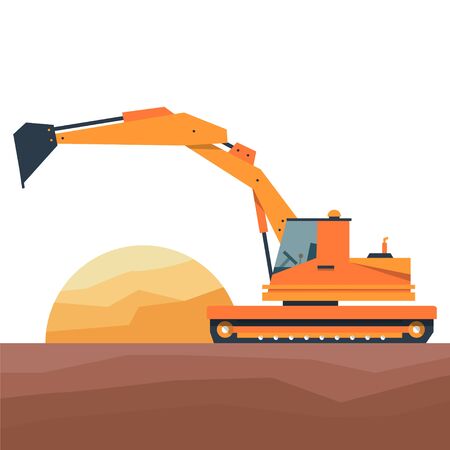 Excavator digging sand. Construction equipment in flat style. Vector illustration on a white background.のイラスト素材