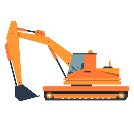 Cartoon excavator with a bucket. Construction machine in flat style. Vector illustration isolated on white background.のイラスト素材