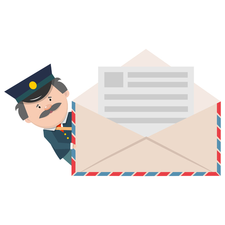 Cartoon postman looks out for the letters. Vector illustration isolated on white background.のイラスト素材