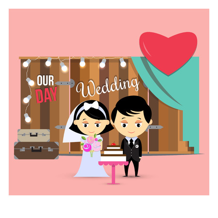 Happy bride and groom with a celebratory cake on wooden background photo zone with suitcases and bright lights. Vector illustration.のイラスト素材