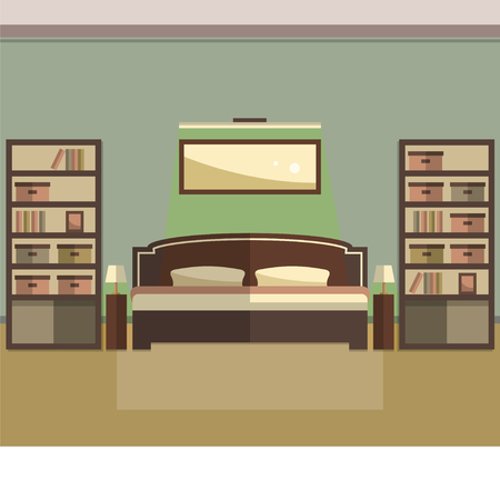 The concept of interior of a bedroom with a double bed. Flat style. Vector illustration.のイラスト素材
