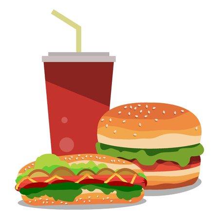 Set of fast food. Burger with beef, hot dog and soda. Vector illustration isolated on white background.のイラスト素材