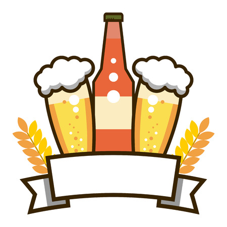 Label beer. Bottle and two glasses beer drink. Vector illustration isolated on white background.のイラスト素材