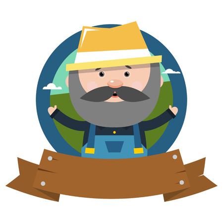 Farm logo. Cartoon farmer in flat style. Vector illustration isolated on white background.のイラスト素材