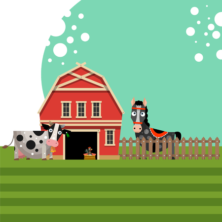 Farm. Red barn with fence and animals. The concept of rural life. Vector illustration in flat style.のイラスト素材
