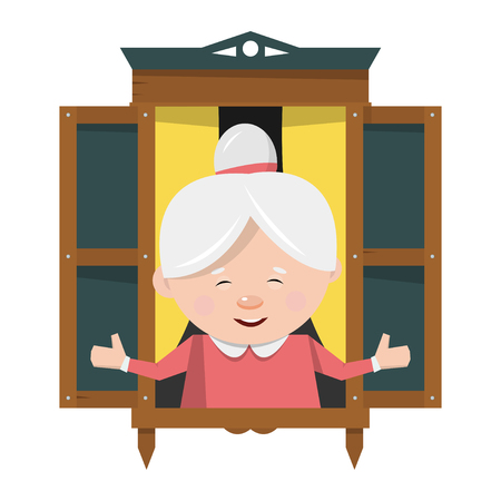 Grandmother in a wooden window with shutters. The rustic design. Vector illustration isolated on white background.のイラスト素材