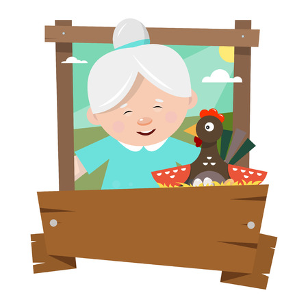 Grandmother and the chicken in a wooden frame. Logo in flat style. Vector illustration isolated on white background.のイラスト素材