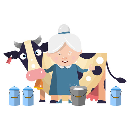 Cartoon milkmaid and funny cow. Rustic farm. Vector illustration isolated on white background.のイラスト素材