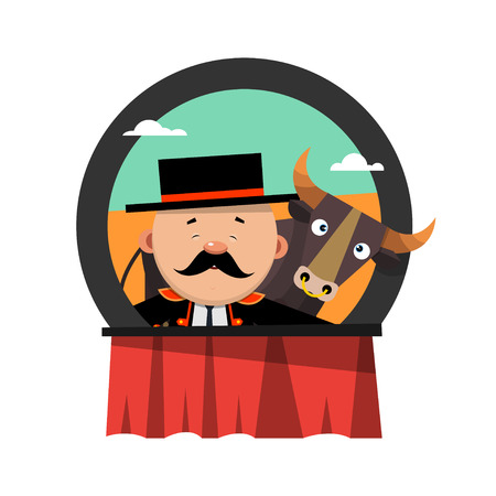 Cartoon toreador and the savage beast. The logo of bullfighting. Vector illustration isolated on white background.のイラスト素材