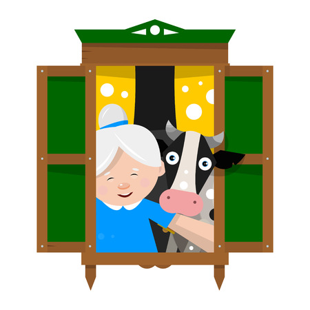 Cartoon grandmother and the cow look of wood windows. Vector illustration isolated on white background.のイラスト素材