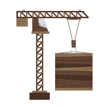 Building a wooden crane. Vintage design picks up billboard. Vector illustration isolated on white background.のイラスト素材