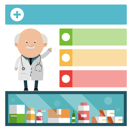 The doctor talks about medication. Medical ad template. Vector illustration for your design.のイラスト素材