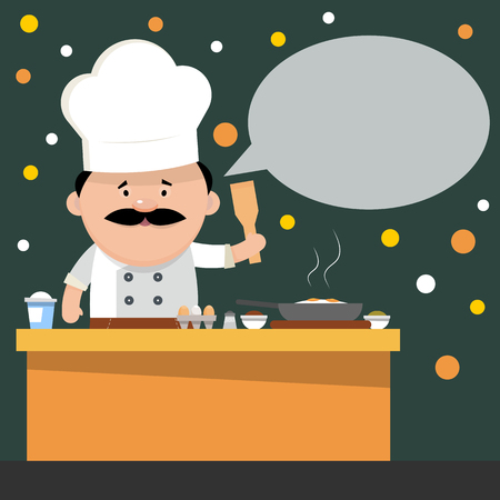 Funny cartoon chef cooks the eggs in a pan. Design for cafe menu. Vector illustration in flat style.のイラスト素材