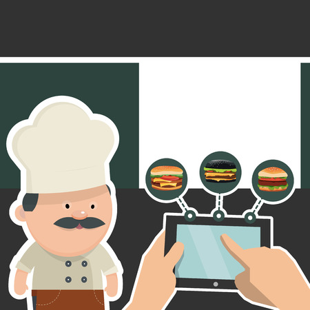 Online ordering of food. Cook on the tablet selects the goods for the restaurant. Vector illustration for design menu.のイラスト素材