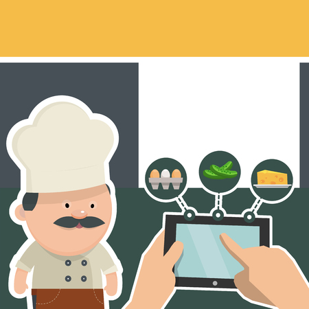 Online ordering of food. Cook on the tablet selects the goods for the restaurant. Vector illustration for design menu.のイラスト素材