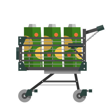 Full shopping cart with a large juice boxes in flat style. Equipment for supermarket. Vector illustration isolated on white background.のイラスト素材