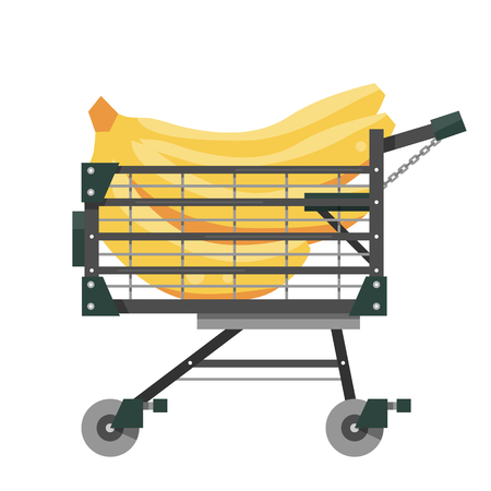 Full shopping cart with a big bunch of bananas in flat style. Equipment for supermarket. Vector illustration isolated on white background.のイラスト素材