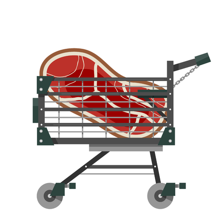 Full shopping cart with a large piece of meat in flat style. Equipment for supermarket. Vector illustration isolated on white background.のイラスト素材