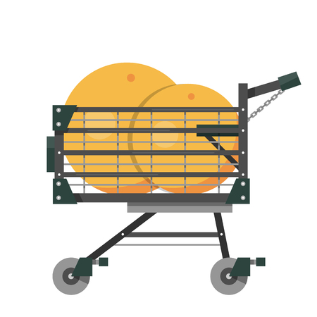 Full shopping cart with big oranges in a flat style. Equipment for supermarket. Vector illustration isolated on white background.のイラスト素材