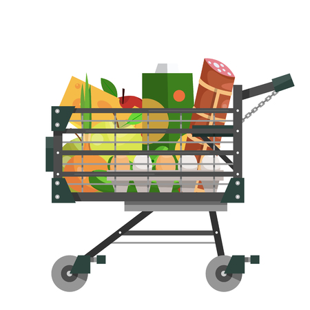 Full shopping basket in flat style. Equipment for supermarket. Vector illustration isolated on white background.のイラスト素材
