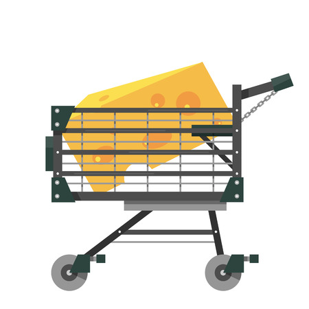 Full shopping cart with a large piece of cheese in flat style. Equipment for supermarket. Vector illustration isolated on white background.のイラスト素材
