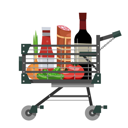 Full shopping basket in flat style. Equipment for supermarket. Vector illustration isolated on white background.のイラスト素材