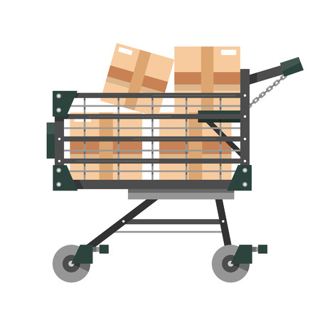 Full shopping cart with boxes in flat style. Equipment for supermarket. Vector illustration isolated on white background.のイラスト素材