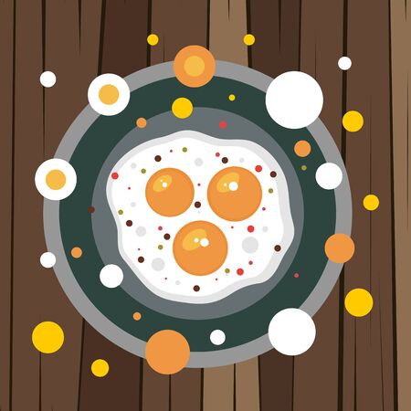A plate of scrambled eggs on wooden background. Vector illustration for design menu.のイラスト素材