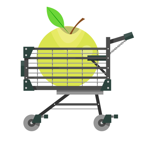 Full shopping cart with a big apple in flat style. Equipment for supermarket. Vector illustration isolated on white background.のイラスト素材