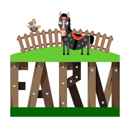 Farm word consists of stylized letters wooden fence horses and chicken. Vector illustration isolated on white background.のイラスト素材