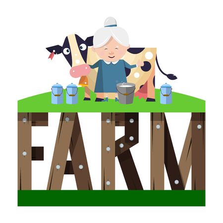 Farm word consists of stylized wooden letters and funny milkmaid with a cow. Vector illustration isolated on white background.のイラスト素材