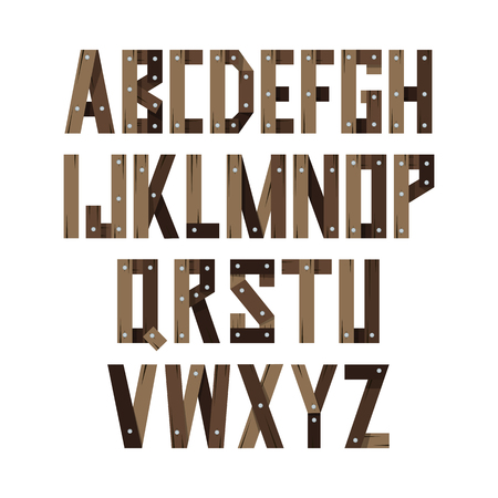 English alphabet made of wooden boards and nails in flat style. Font for your design. Vector illustration isolated on white background.のイラスト素材