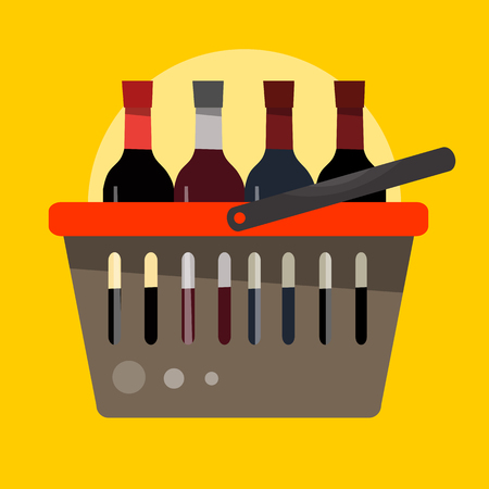 Basket for products with bottles of wine in flat style. Vector illustration on yellow background.のイラスト素材