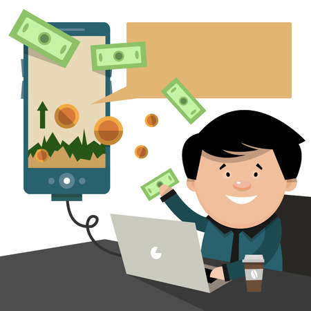 The broker sells on the phone and computer. The financial application. Vector illustration in flat style.のイラスト素材
