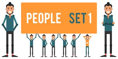 Set of funny people 1 isolated on a white background. Different gestures and styles of clothes. Icons of guys in flat style. Vector illustration.のイラスト素材