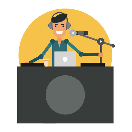 Fun DJ in the workplace. Radio presenter in the headphones. Vector illustration isolated on white background.のイラスト素材