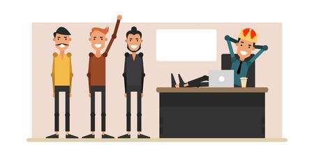 Life in the office. Junior staff in the office of the director. The boss in the crown resting on the workplace. Vector illustration.のイラスト素材