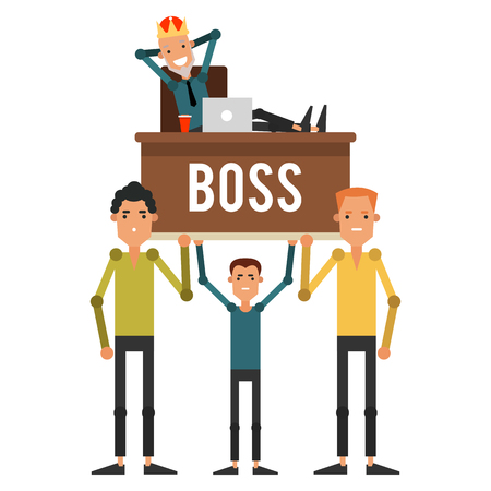 Servants are on the hands of his boss in the crown. Businessman sitting on a chair and put his feet up on the desk. Vector illustration isolated on white background.のイラスト素材