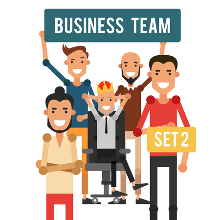 Business team. Cartoon boss in the crown with colleagues. Vector illustration isolated on white background.のイラスト素材