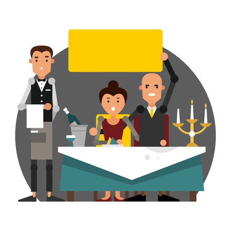 Poor service in the restaurant. Ruining a romantic dinner by candlelight. Vector illustration isolated on white background.のイラスト素材