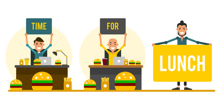Time for lunch. Set of cartoon businessmen in the workplace in flat style. Vector illustration isolated on white background.のイラスト素材